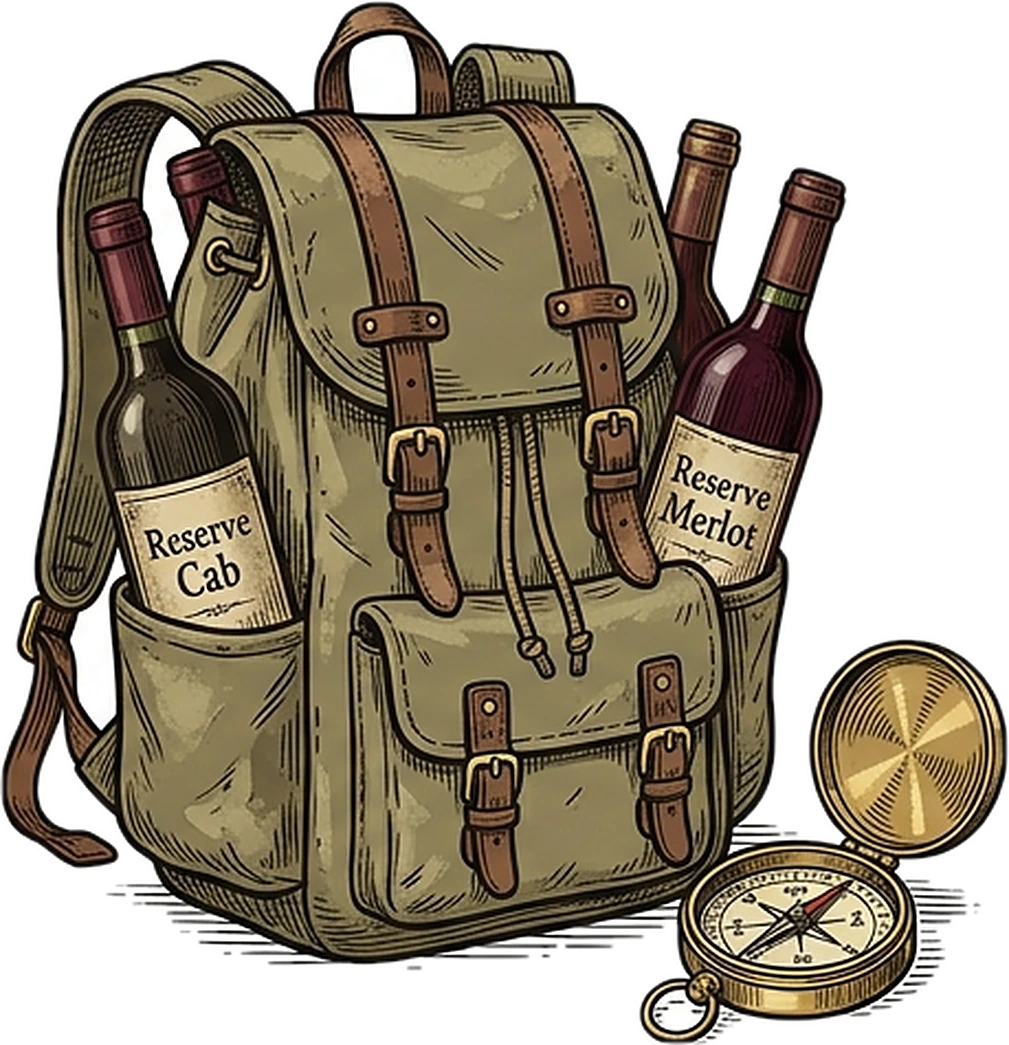 Explorer's backpack with wine bottles and compass